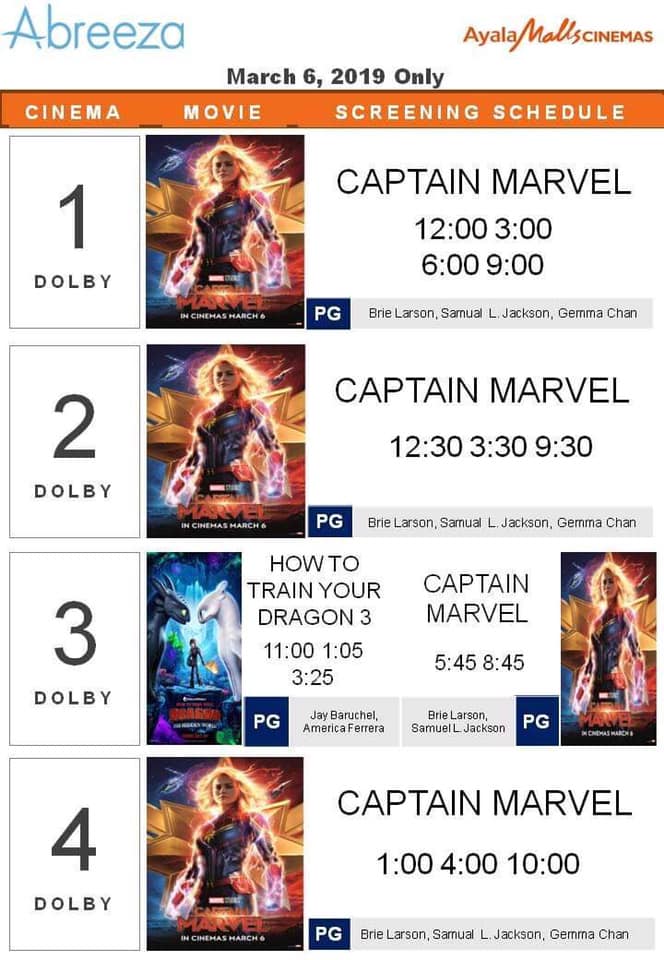 Abreeza Ayala Mall cinema movie schedule 2019 Captain Marvel